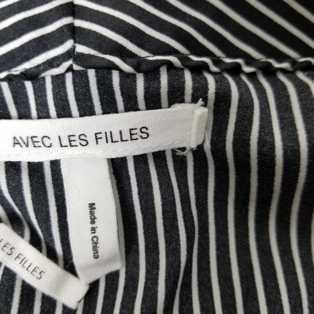 New Avec Les Filles Black Striped Wrap Dress Satin A-line Long Sleeve Sz Small - Picture 14 of 15